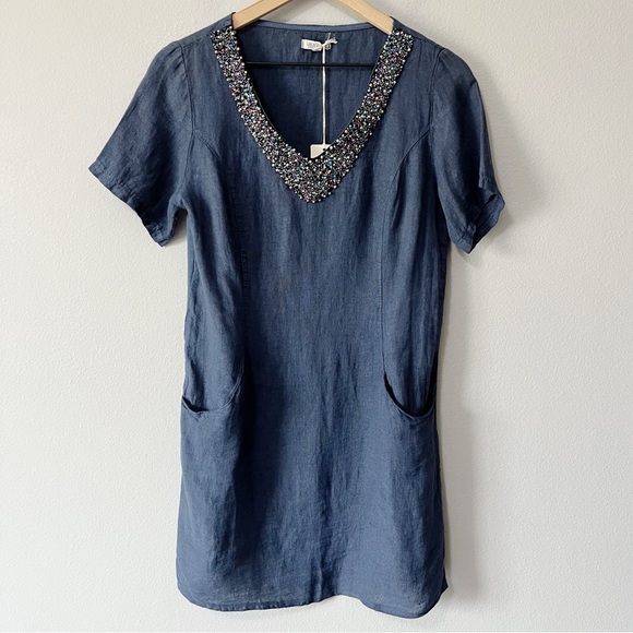Lina Tomei 100% Linen Beaded V-Neck Shift Dress Navy Blue Size Small NEW - Picture 1 of 10